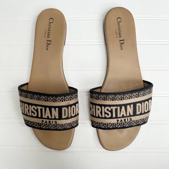 Christian Dior Dway Slide Sandals Black Tan Embroidered Logo